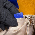 Yellow-and-blue bag closeup: logo patch, striped lining, silver zipper pull