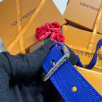 Blue strap with metal clasp and yellow tote edge detail