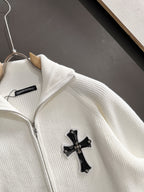 White zip jacket with cross applique at chest and stand collar