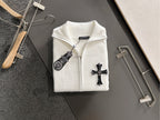 White long-sleeve zip jacket with cross applique and stand collar