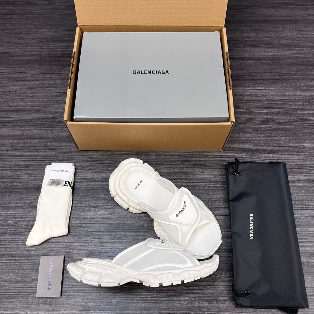 Balenciaga white sporty slide sandals, one sandal and stacked sole shown