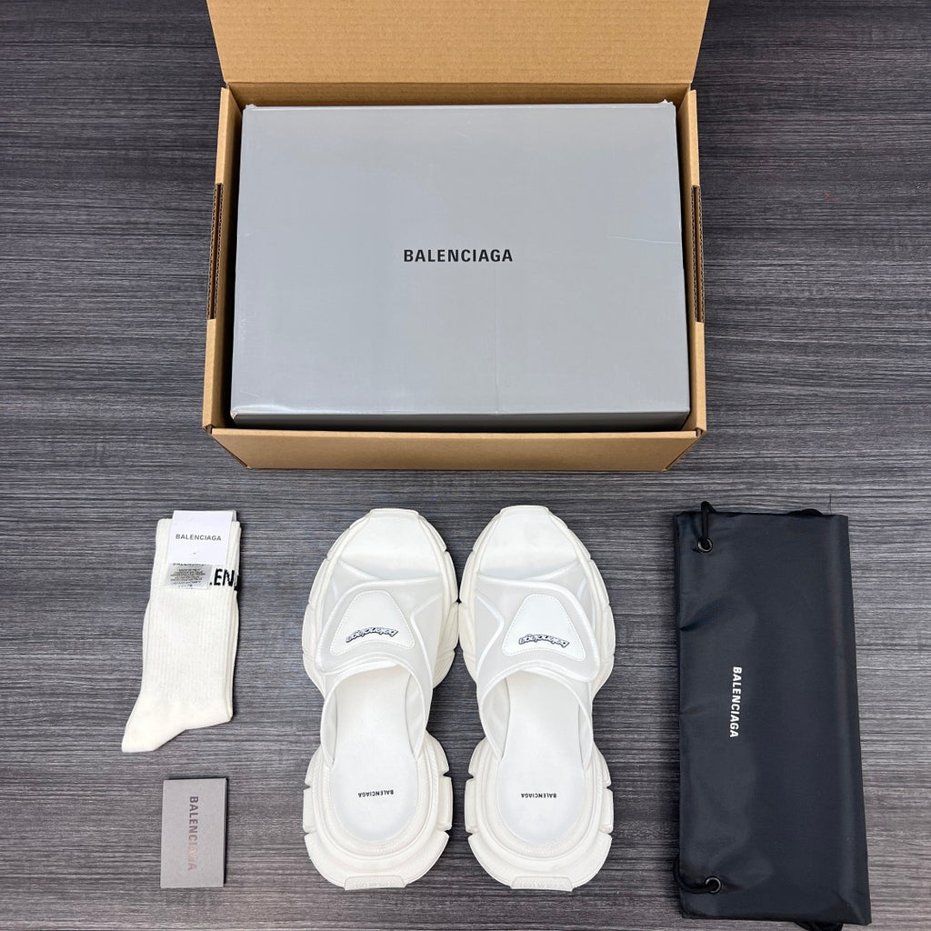 Balenciaga white sporty slide sandals, back view with heel straps