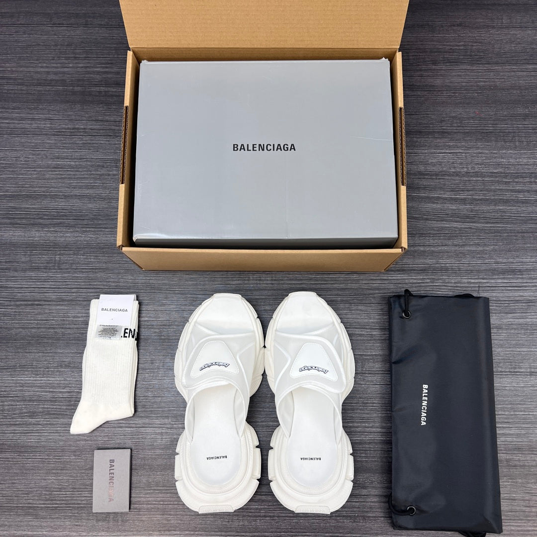 Balenciaga white sporty slide sandals, back view with heel straps
