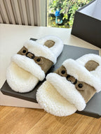 Balenciaga women’s plush slide sandals with tan suede straps and buckle detail