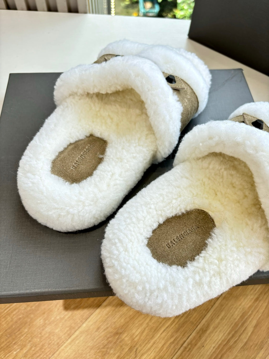 Balenciaga women’s sherpa slide sandals with tan footbeds and tan suede strap