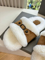 Balenciaga shearling slide sandals, brown suede upper with white plush trim; close-up