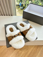 Balenciaga shearling slide sandals, white plush footbeds with brown suede strap; pair