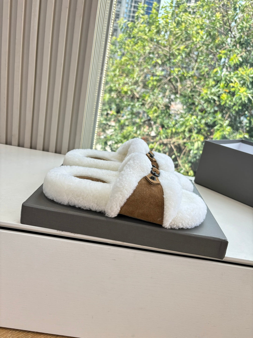 Balenciaga shearling slide sandals, white fluffy upper and brown suede strap on box