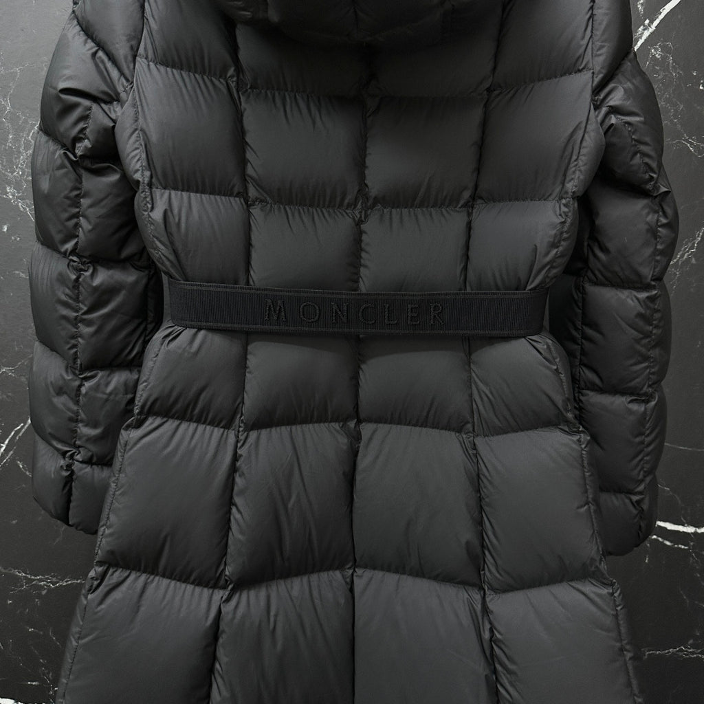Moncler long puffer coat, dark gray, chest detail with belt strap and quilted baffles