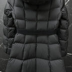 Moncler long puffer coat, dark gray, chest detail with belt strap and quilted baffles