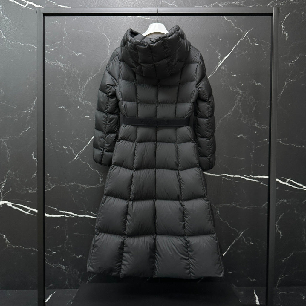 Moncler long puffer coat, dark gray, back view with quilted insulation and hood
