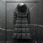 Moncler long puffer coat, dark gray, back view with quilted insulation and hood