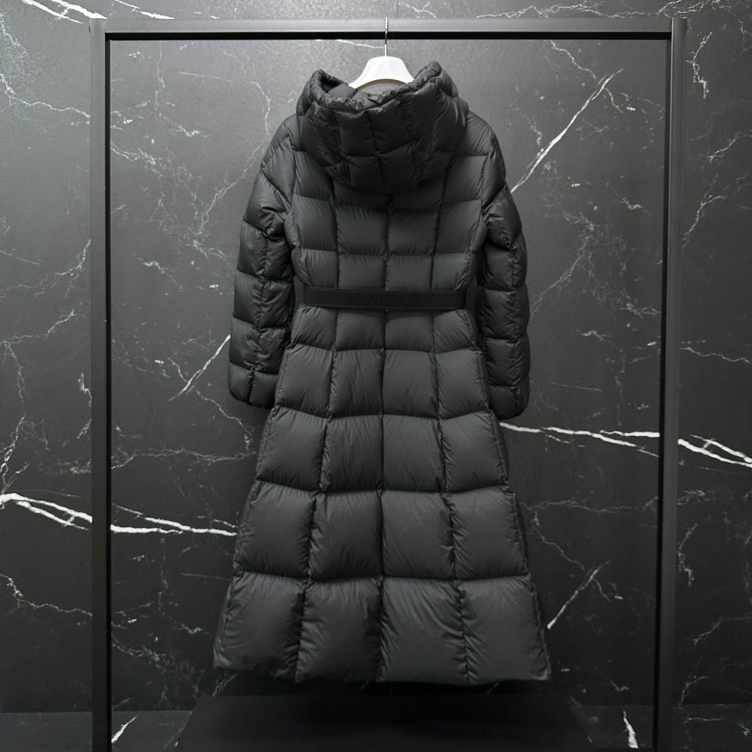 Moncler long puffer coat, dark gray, back view with quilted insulation and hood