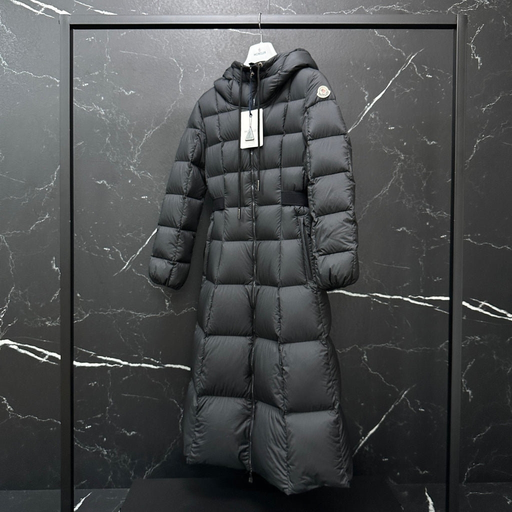 Moncler long puffer coat, dark gray, front view with hood and quilted body