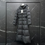 Moncler long puffer coat, dark gray, front view with hood and quilted body