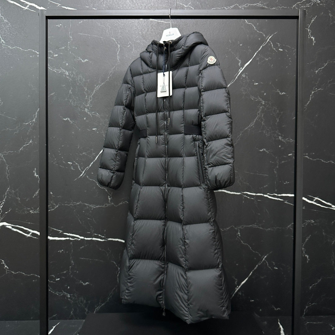 Moncler long puffer coat, dark gray, front view with hood and quilted body