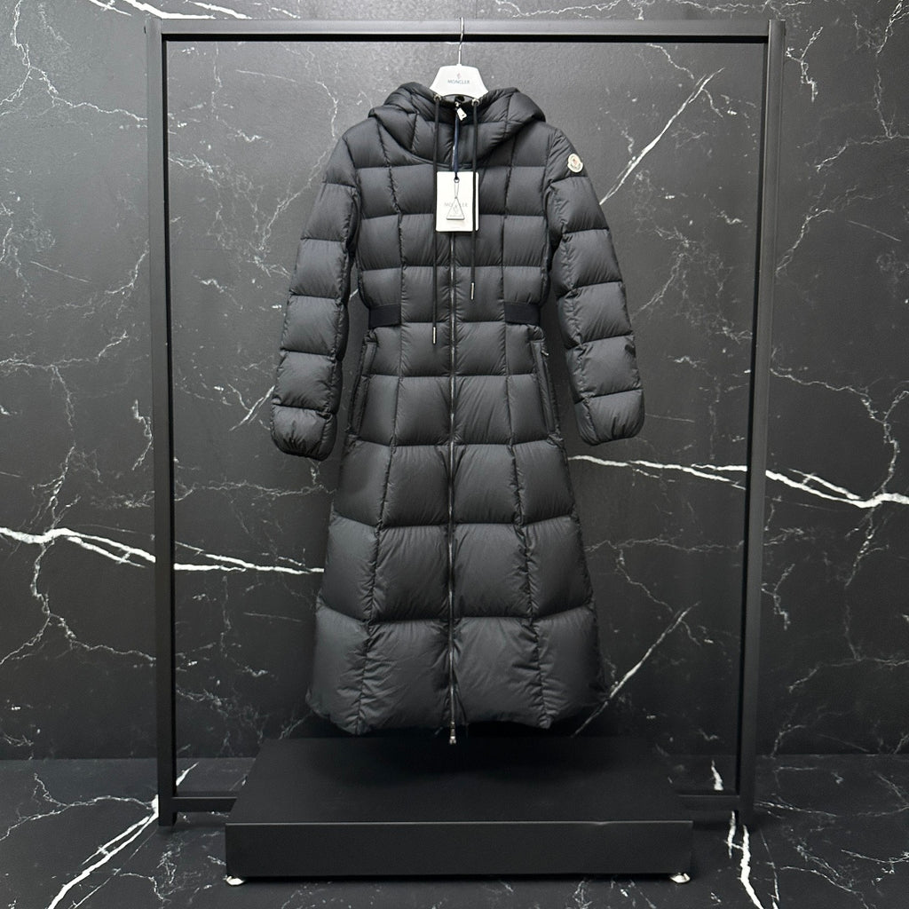 Moncler long puffer coat, dark gray, full-zip with hood and quilted panels