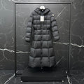 Moncler long puffer coat, dark gray, full-zip with hood and quilted panels
