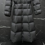 Moncler long puffer coat, dark gray, lower front with quilted blocks and zipper