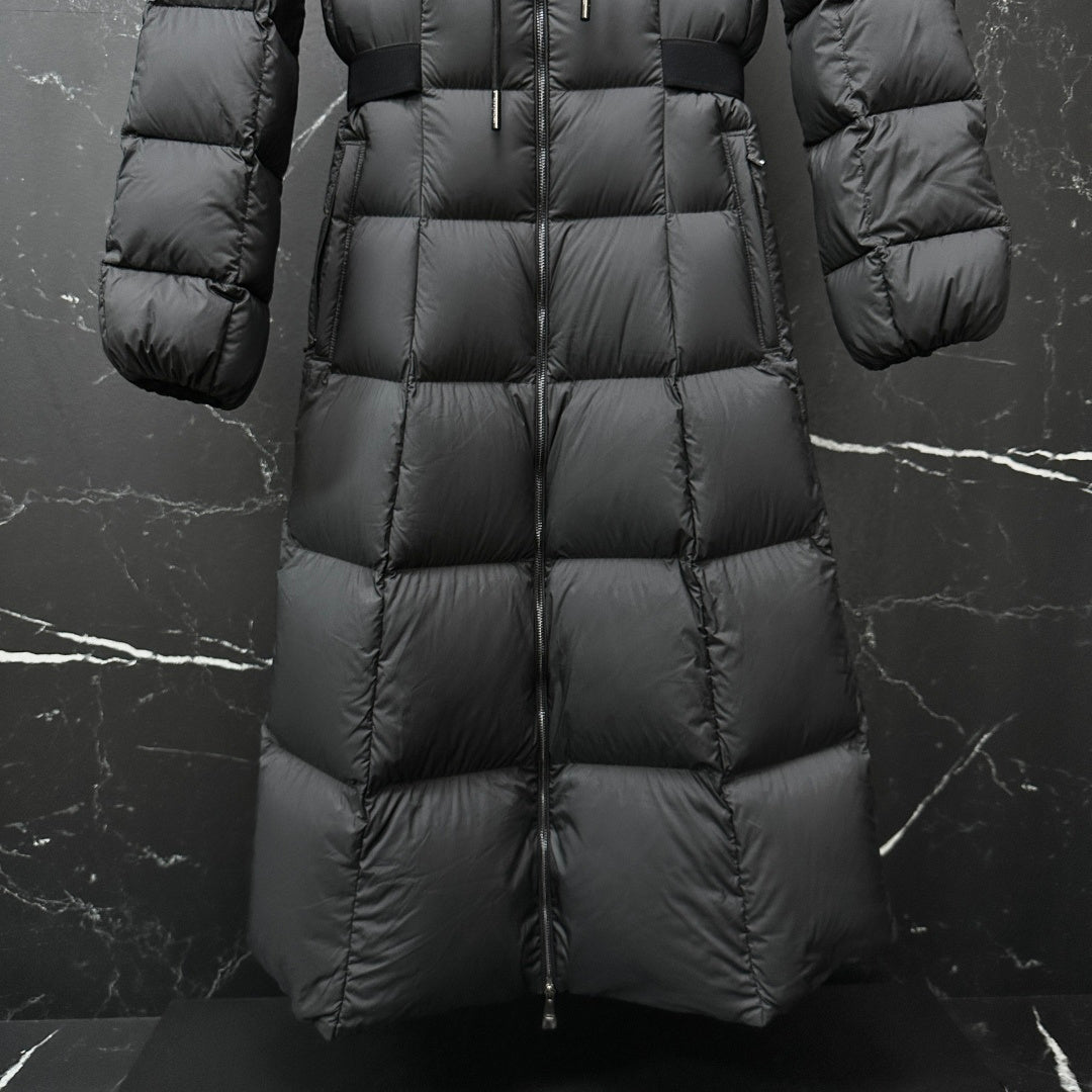 Moncler long puffer coat, dark gray, lower front with quilted blocks and zipper