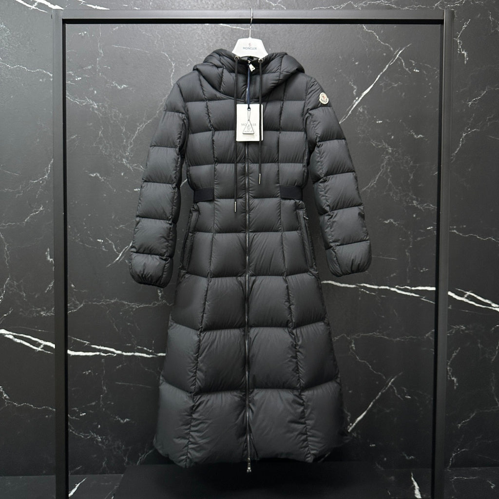 Moncler long puffer coat, dark gray, hooded full-zip design with quilted stitching