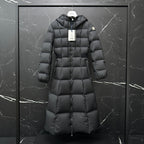 Moncler long puffer coat, dark gray, hooded full-zip design with quilted stitching