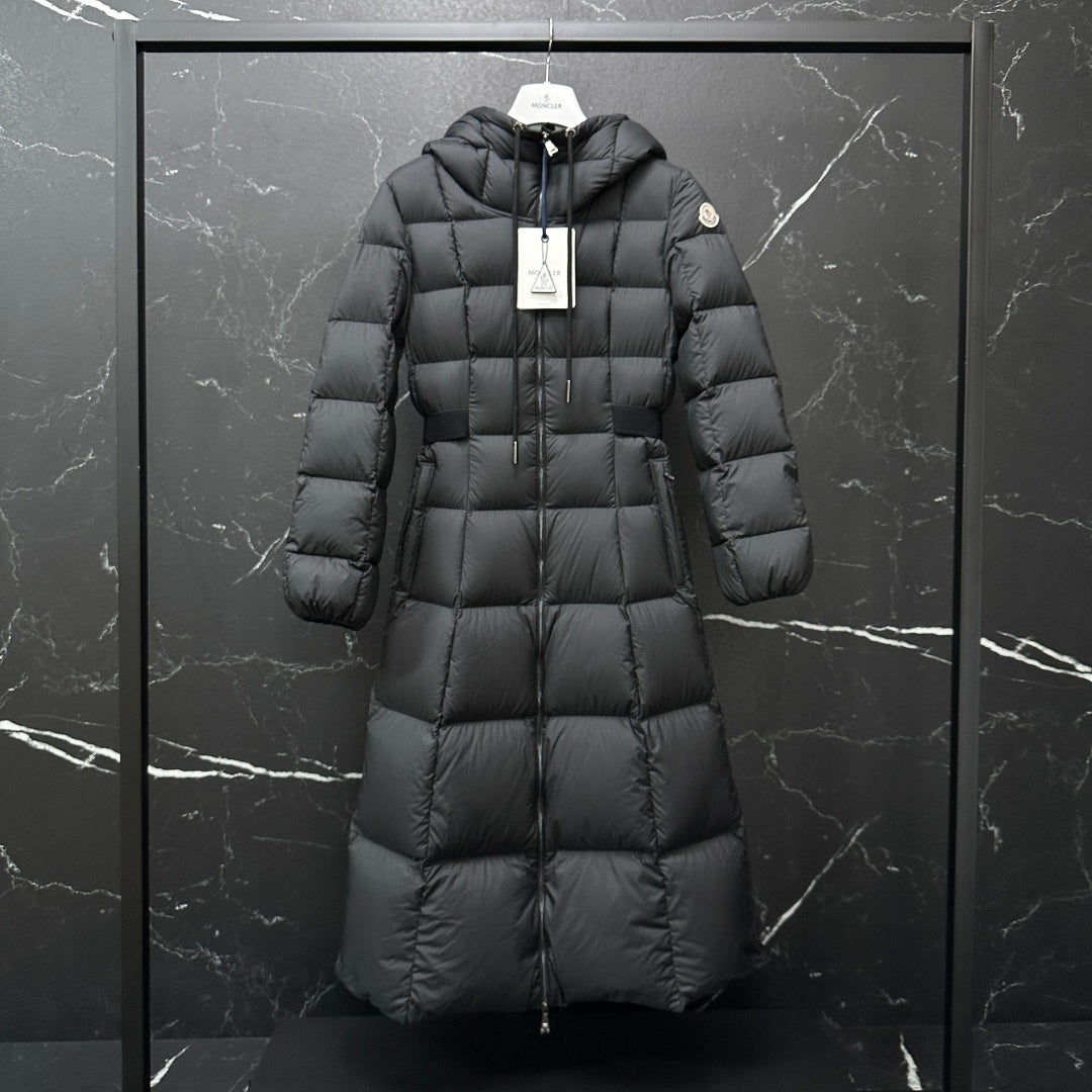 Moncler long puffer coat, dark gray, hooded full-zip design with quilted stitching