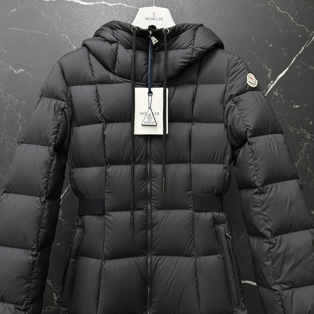 Moncler long puffer coat, dark gray, close-up of hood, zipper, and sleeve patch