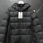 Moncler long puffer coat, dark gray, close-up of hood, zipper, and sleeve patch