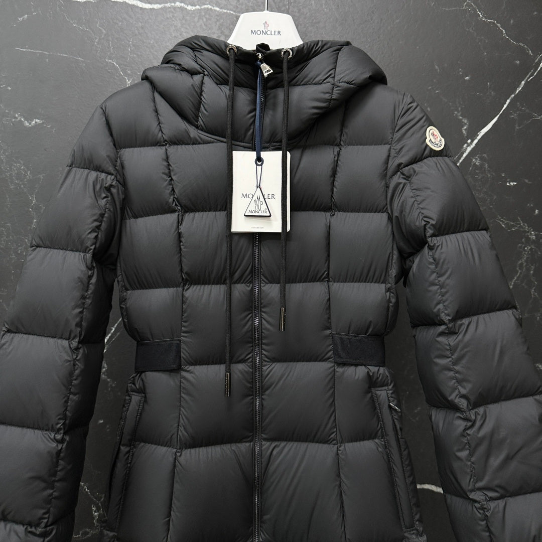 Moncler long puffer coat, dark gray, close-up of hood, zipper, and sleeve patch