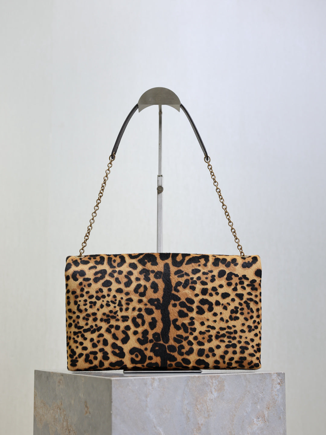 YSL leopard-print top handle bag with gold chain straps and front flap