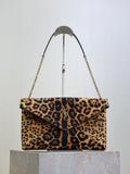 YSL leopard-print shoulder bag with gold chain handles and flap front