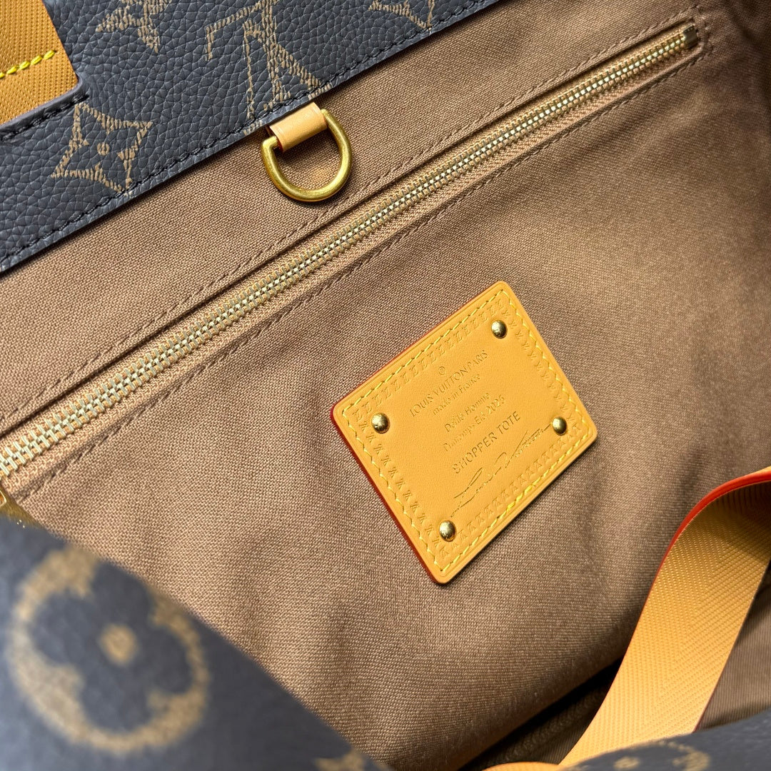 Louis Vuitton bag front patch with gold studs and zipper on monogram canvas