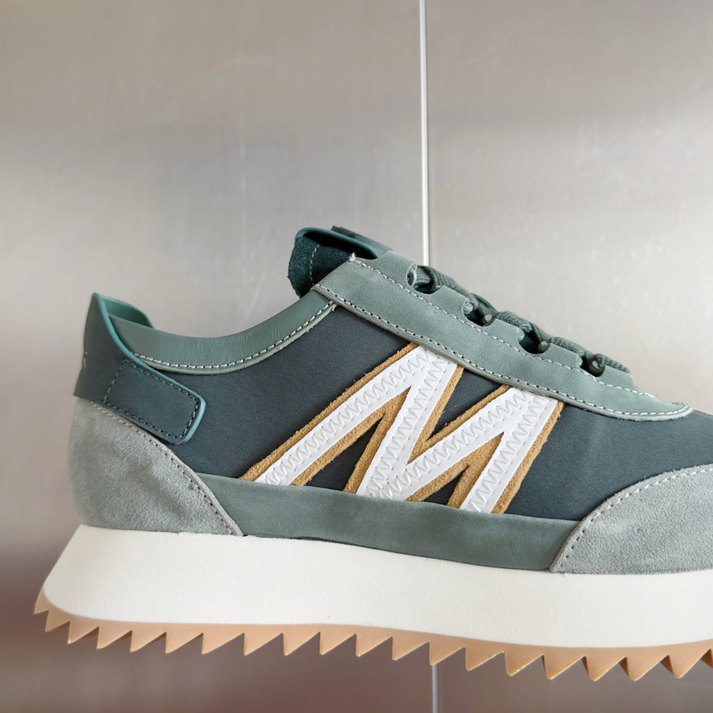 Moncler close-up sneakers with side N logo, sage and dark green uppers, lace details