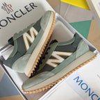 Moncler sneakers in sage and dark green with lace-up, side stripe detail, rubber sole