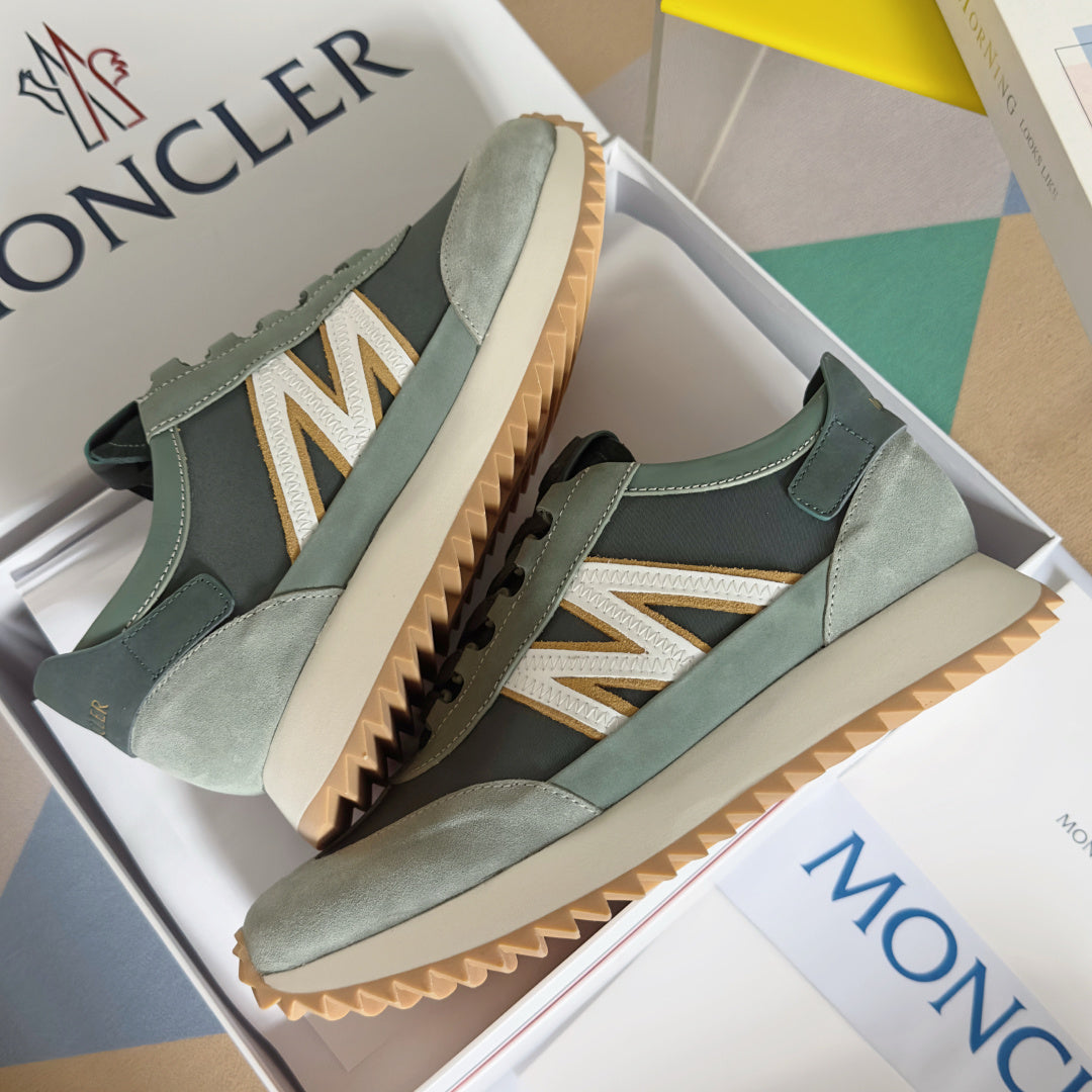 Moncler sneakers in sage and dark green with lace-up, side stripe detail, rubber sole