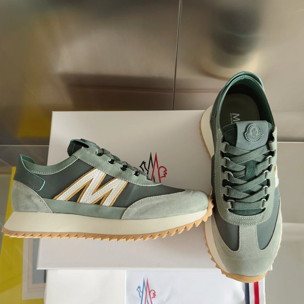 Moncler sneakers with side N logo detail, sage and dark green uppers, gum-style sole