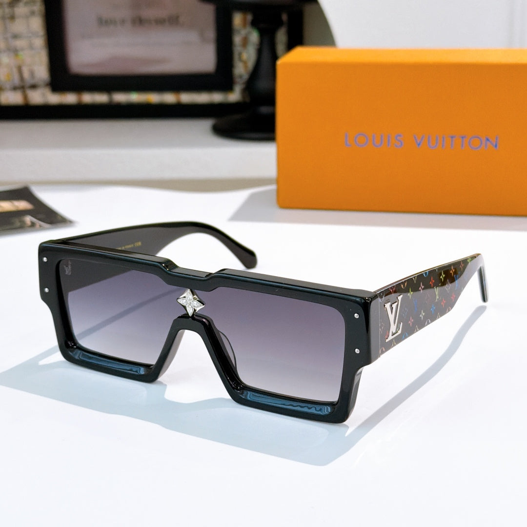 Black square sunglasses with star-shaped bridge emblem and multicolor logo temple