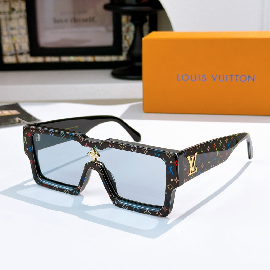 Black oversized square sunglasses with star bridge emblem and multicolor logo frame