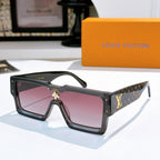 Black square sunglasses with star bridge emblem and multicolor logo temple pattern