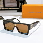 Black square sunglasses with star-shaped bridge emblem and multicolor logo temple