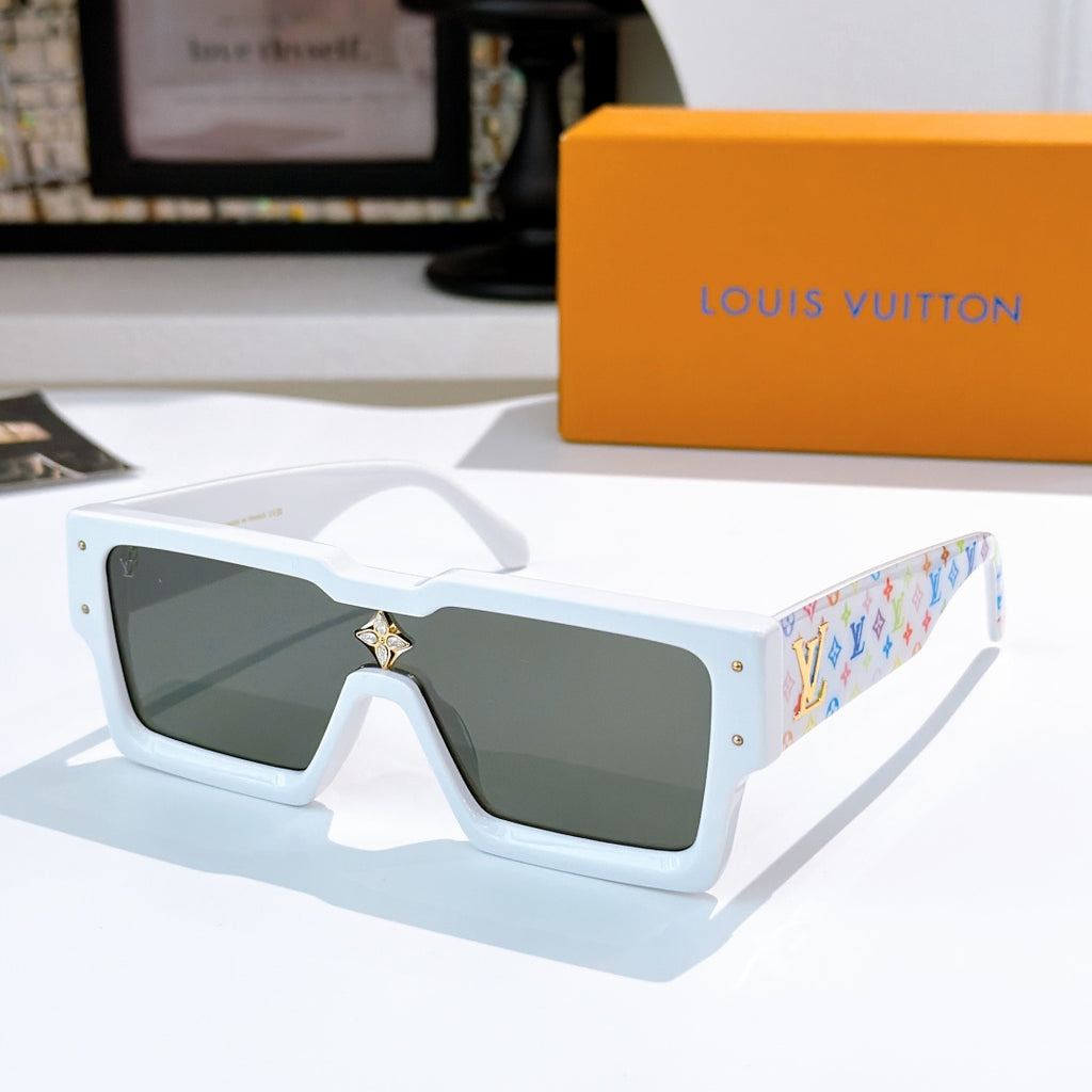 White square sunglasses with star bridge emblem and multicolor logo temple pattern