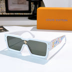 White square sunglasses with star bridge emblem and multicolor logo temple pattern