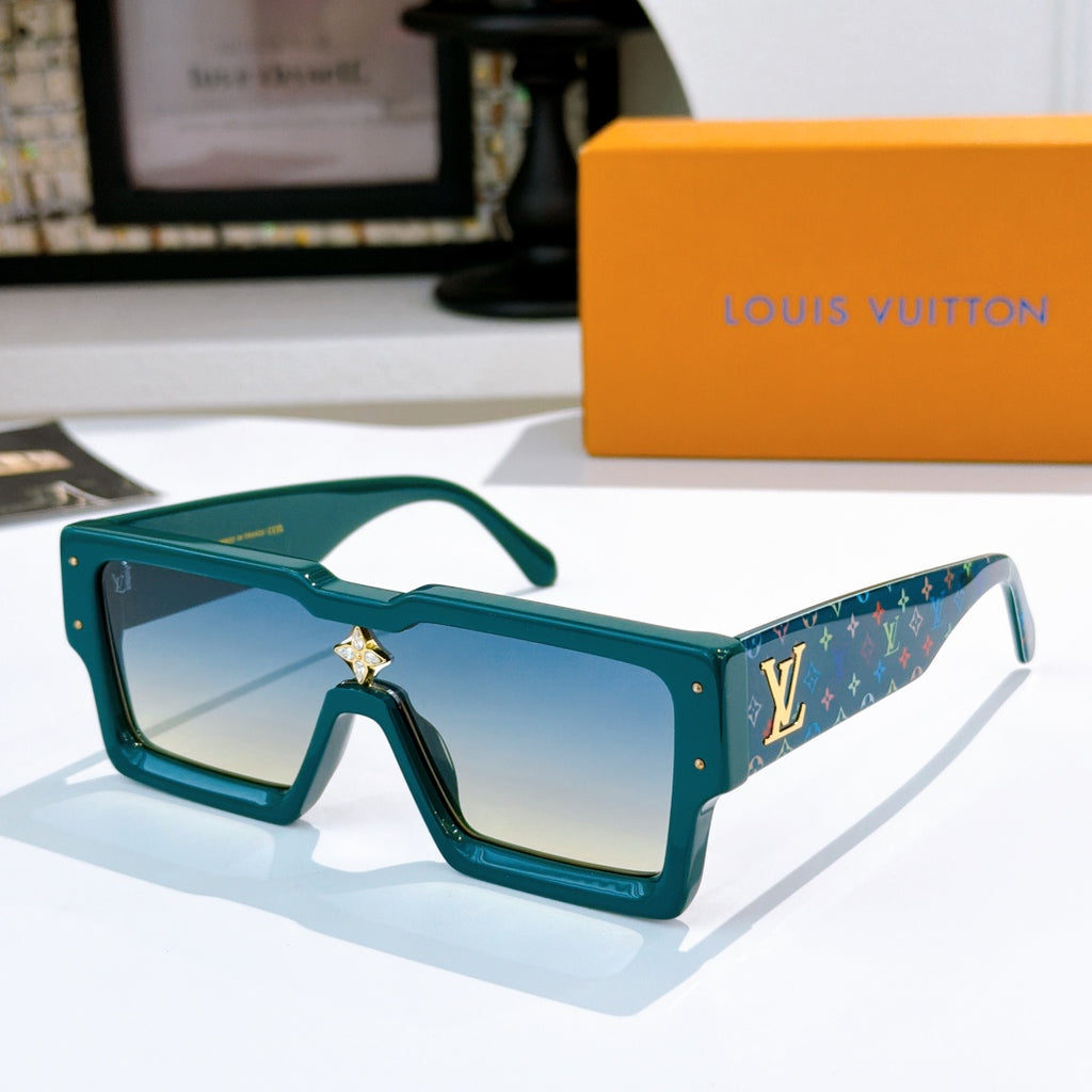 Teal square sunglasses with star-shaped bridge emblem and patterned temple detail