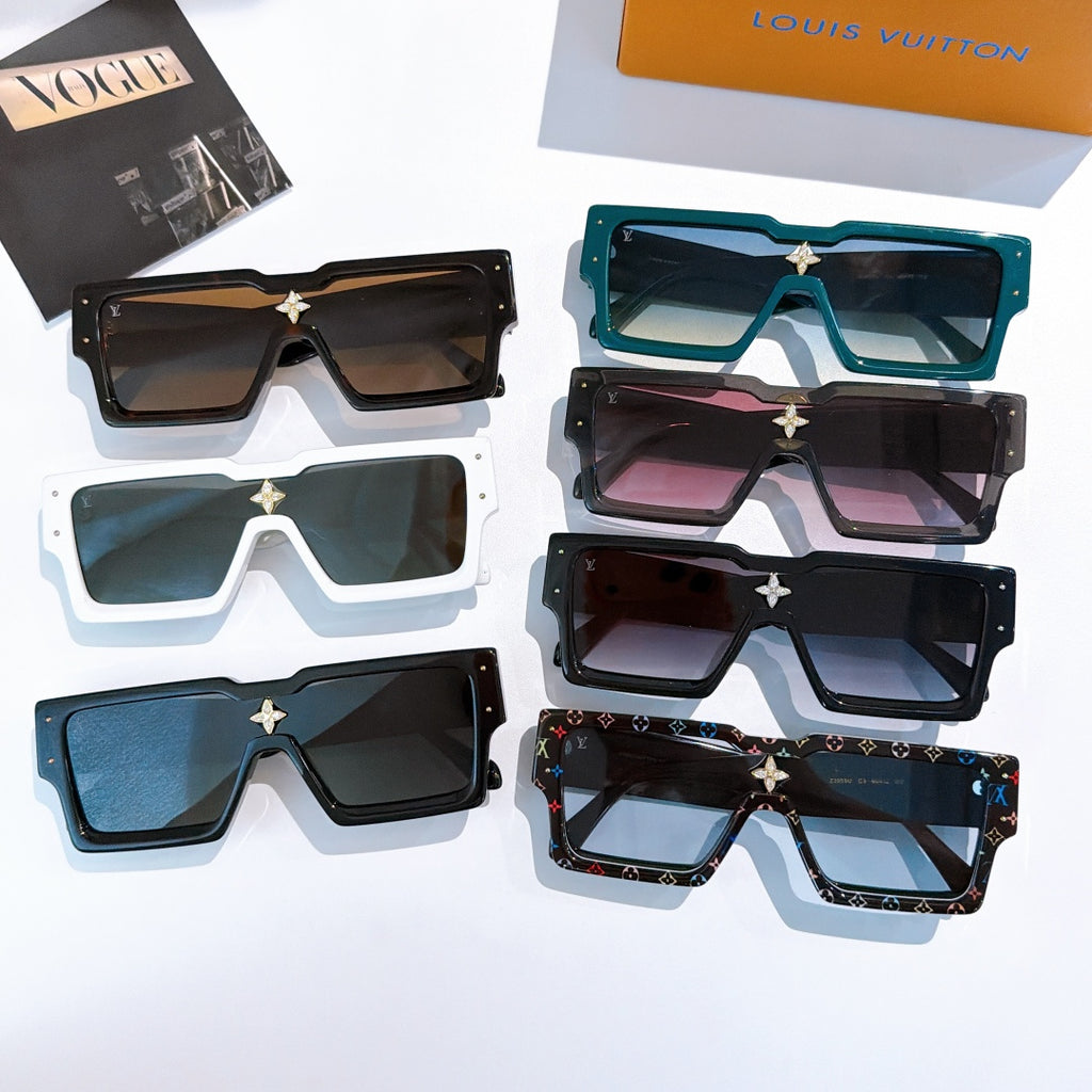 Assorted square sunglasses with star bridge emblems in teal, black, and white colors