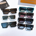 Assorted square sunglasses with star bridge emblems in teal, black, and white colors
