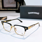 Black and gold eyeglasses with clear lenses, star accents