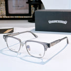 Silver eyeglasses with clear lenses and dark bridge detail