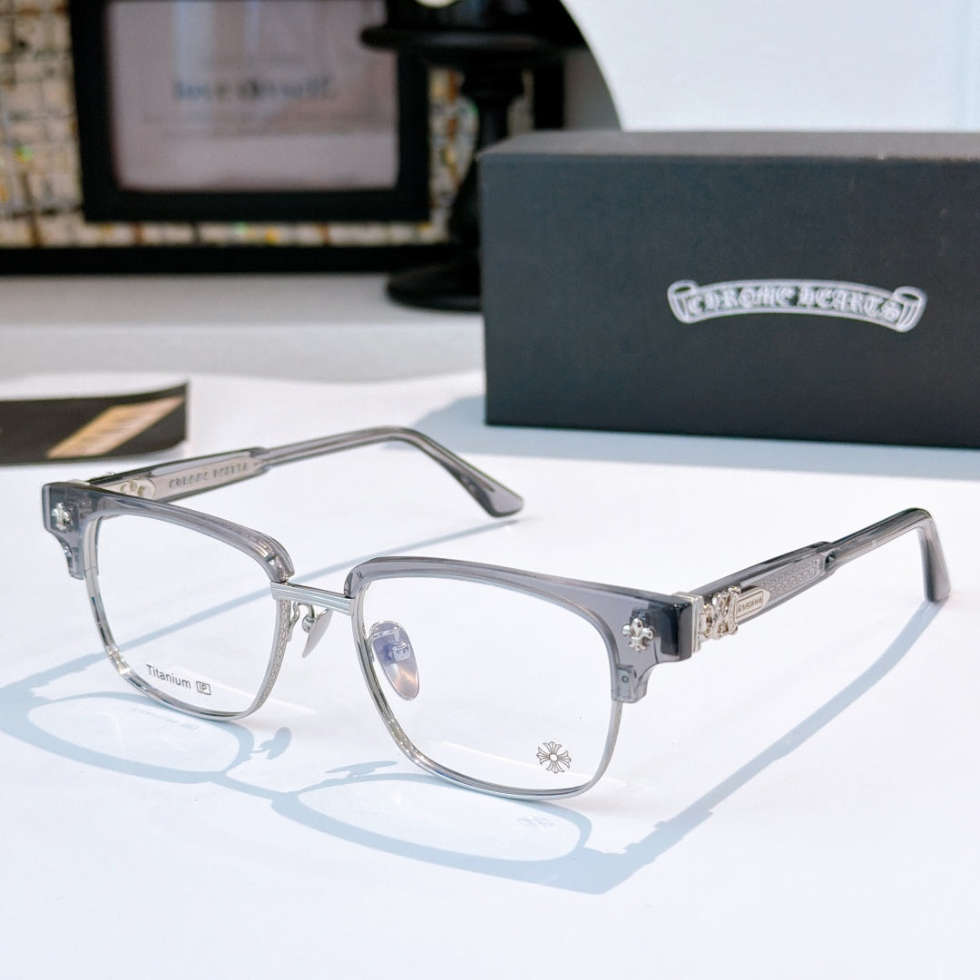 Silver eyeglasses with clear lenses and dark bridge detail