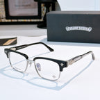 Black eyeglasses with clear lenses, silver bridge and star detail